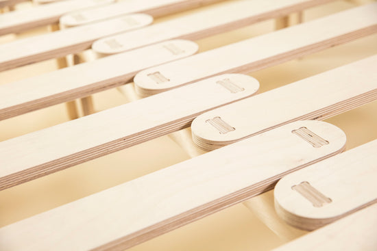 Close up shot of the ByronBase Bed Slats showing the sustainable plywood and quality manufacturing